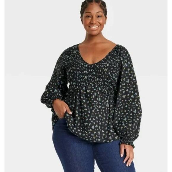 Ava & Viv Smocked Top Women's Size 2X Black Floral V-Neck Balloon Sleeves Cotton - Picture 1 of 10